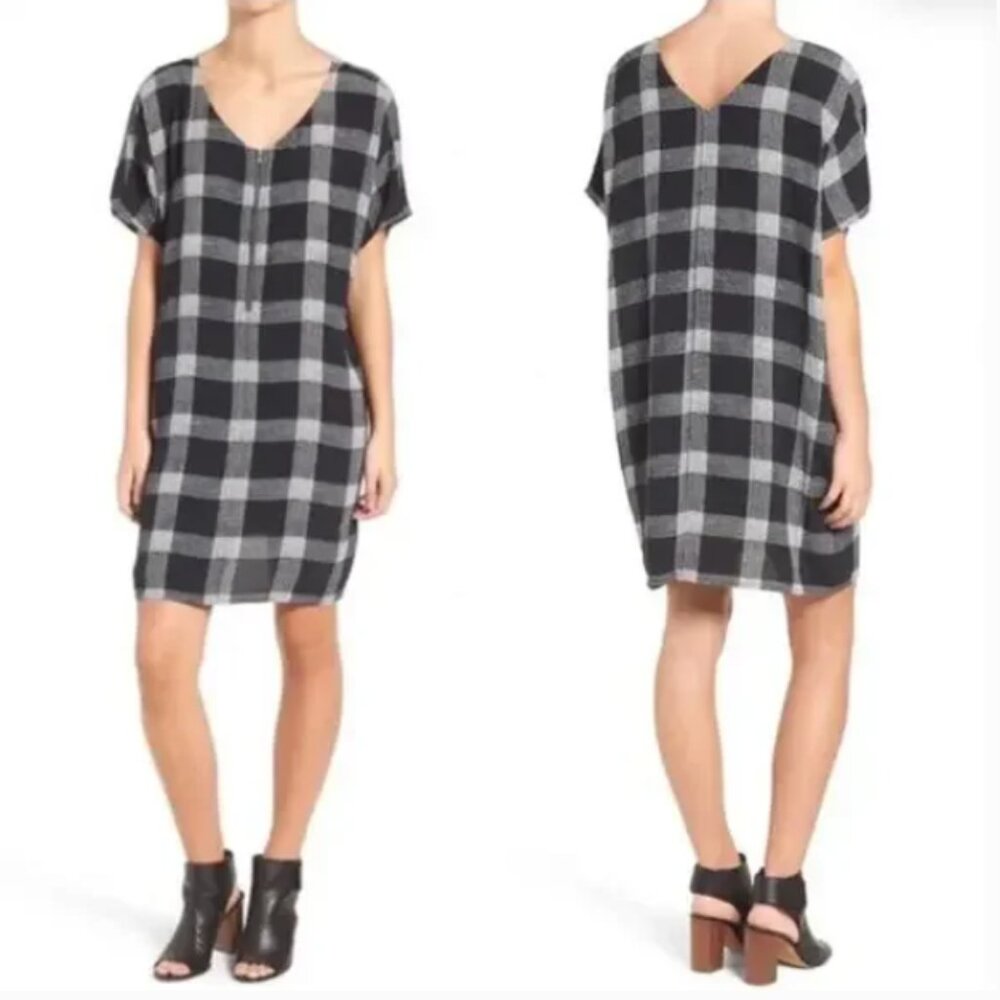 Madewell Zip Front Buffalo Plaid Check Sheath Dress in Black XXS